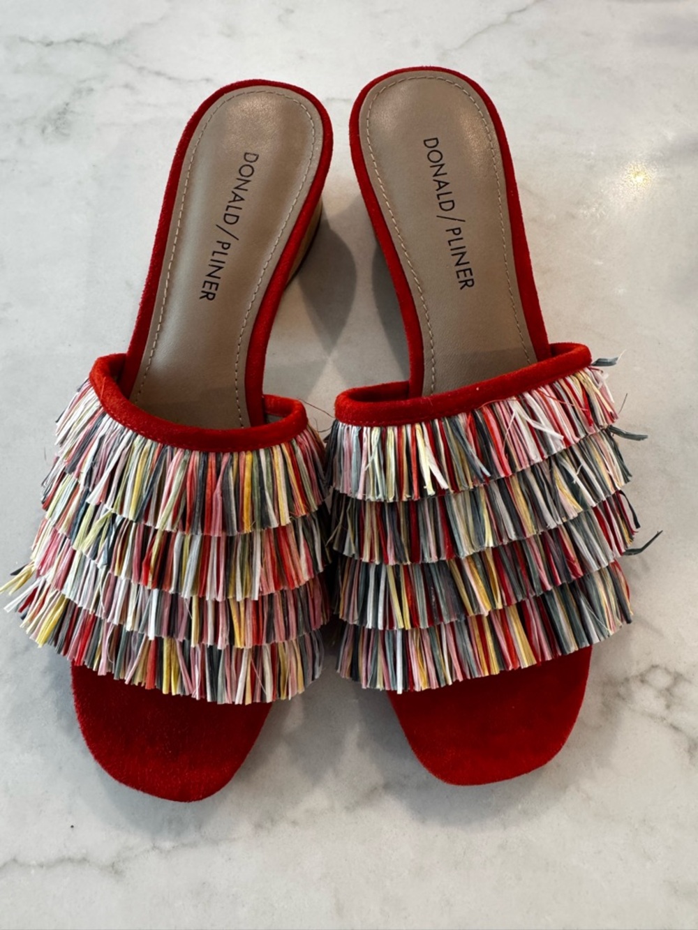 Donald Pliner Reise Raffia Fringe Mule Heels Red Suede 6